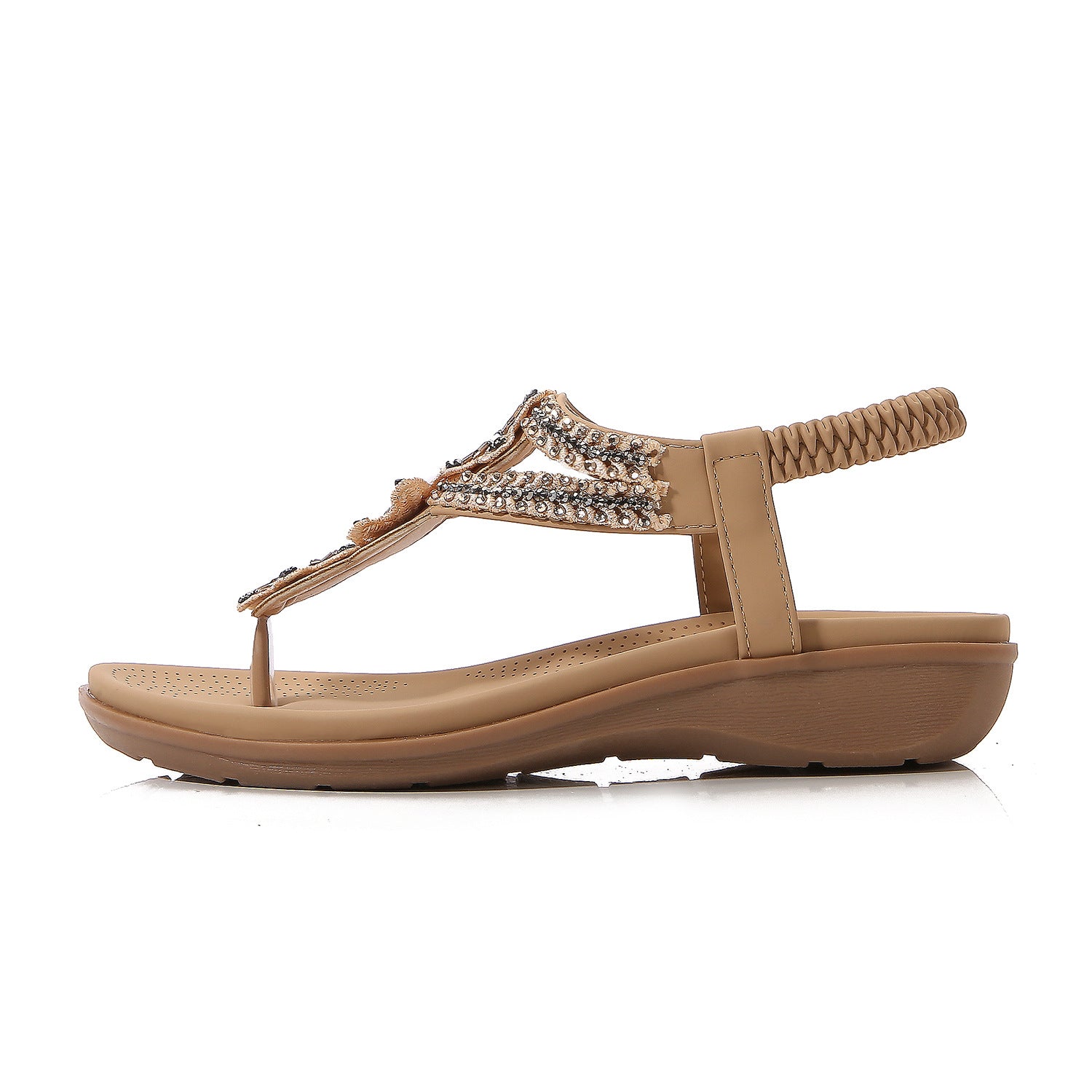 Vintage Rhinestone Beaded Soft and Comfortable Holiday Seaside Beach Wedge Sandals for Women