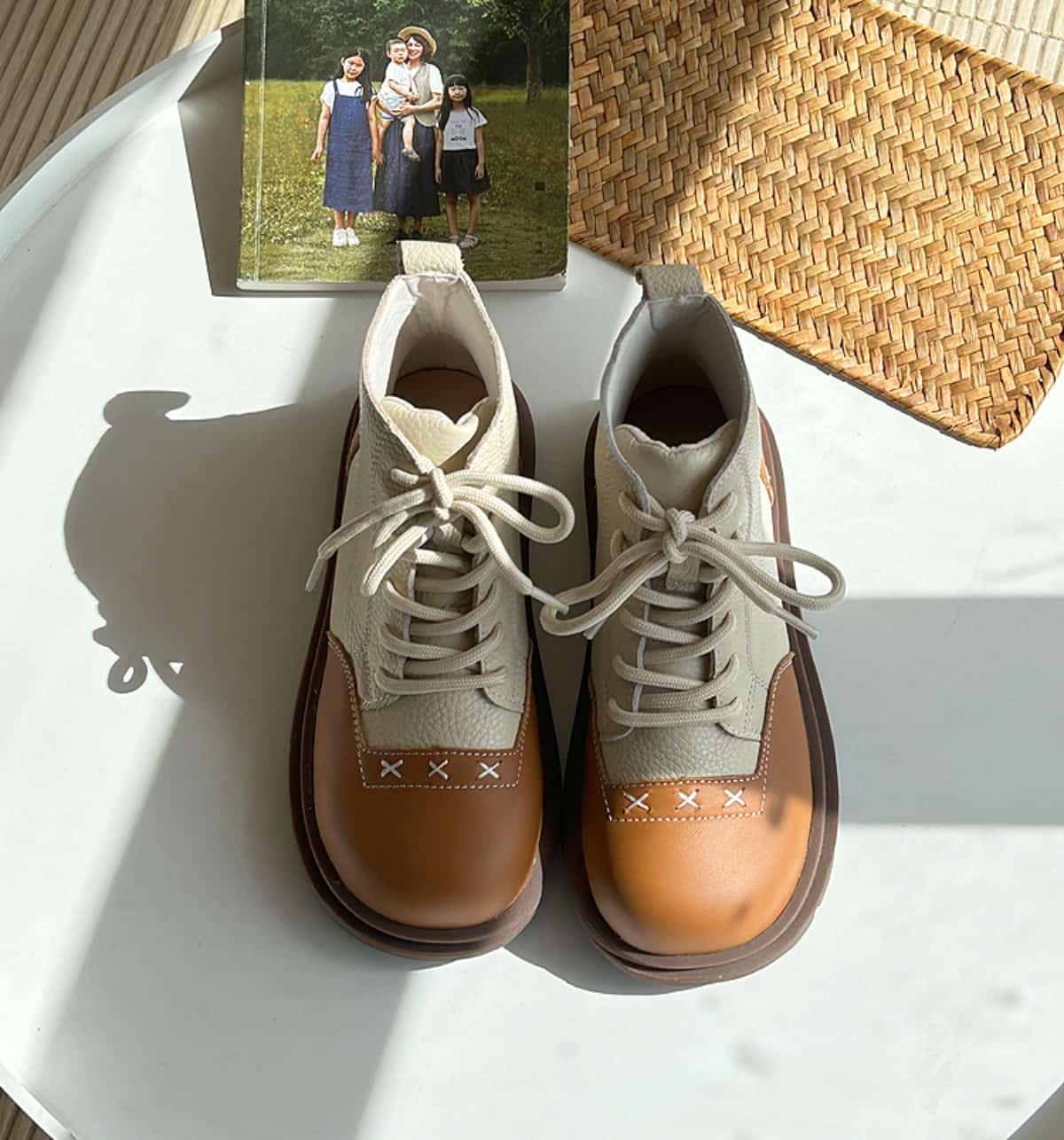 Leather round head strap-on platform Martin boots autumn fashion color matching short boots
