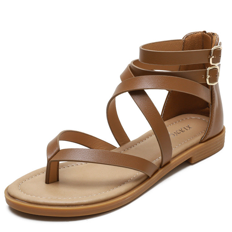 Roman Thin Strap Crossing Sandals Women's Flat Summer Simple Low Heel Retro Women's Shoes