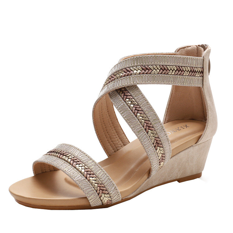 Women's Wedge Sandals Summer Non-Slip Ankle-Strap Open Toe Roman Shoes Back Zipper 39-42 plus Size