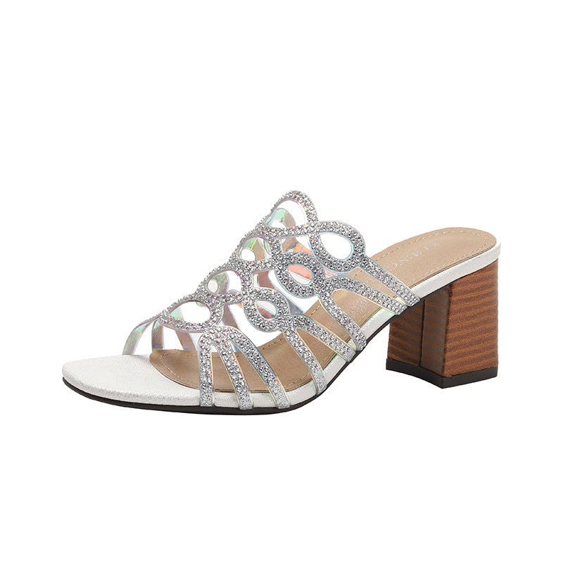Heel Sandals Women Leisure Rhinestone Chunky Heel Roman Shoes Women