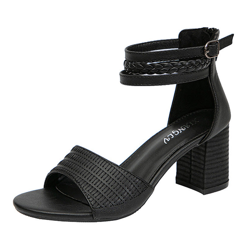 Women's Sandals Stylish Peep Toe Chunky Heel Shoes French Woven Roman Shoes