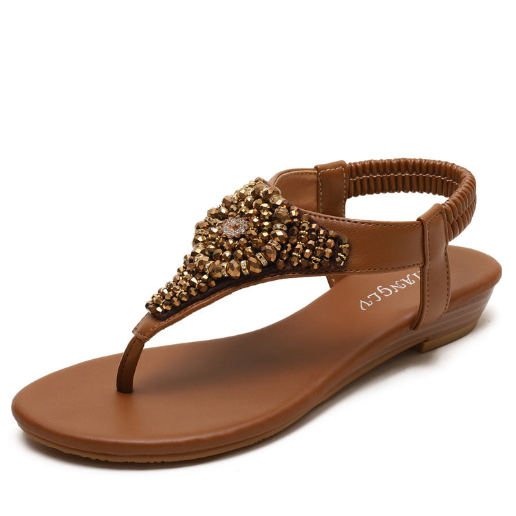 Sandals Women's Wedge Flip-Toe Rhinestone Simple Seaside Vacation Roman Shoes