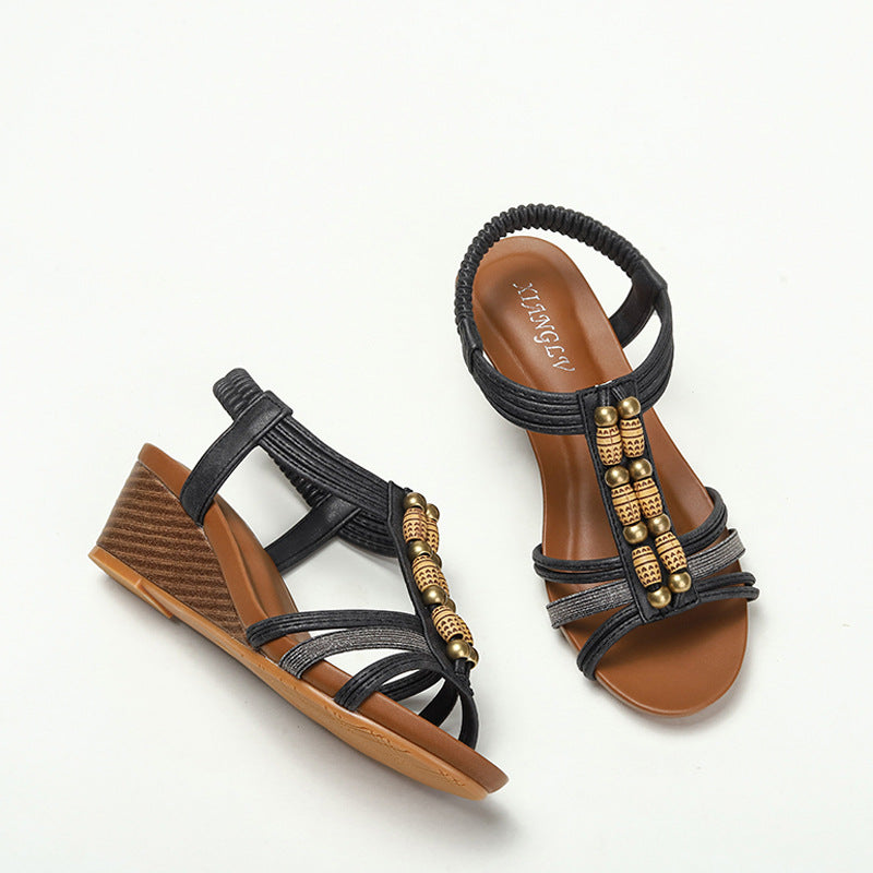 Bohemian Ethnic Wedge Sandals Middle Heel Rhinestone Beaded Vacation Beach Shoes