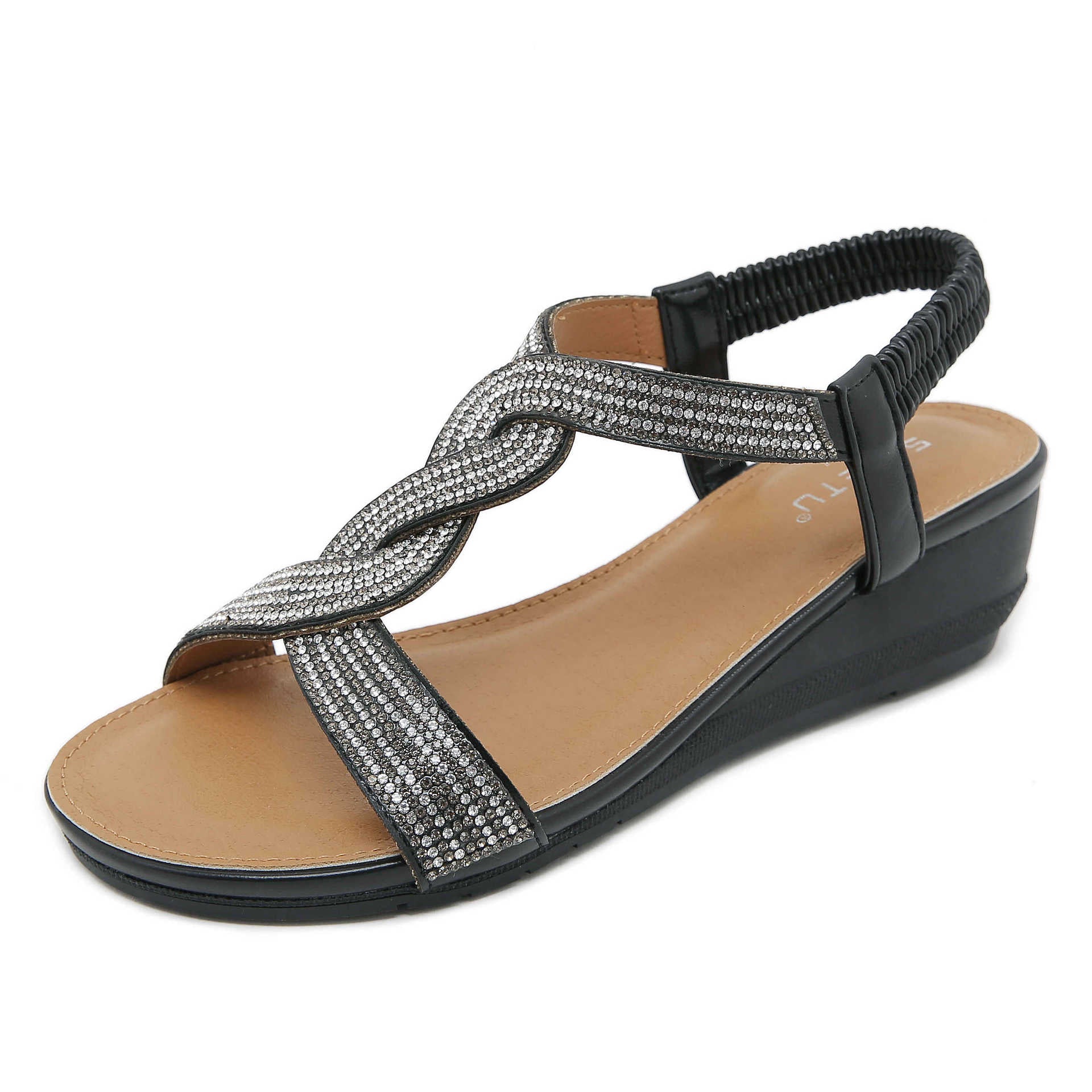 BY1729-2 Ethnic Style Bohemian Retro Rhinestone Wedge plus Size Sandals