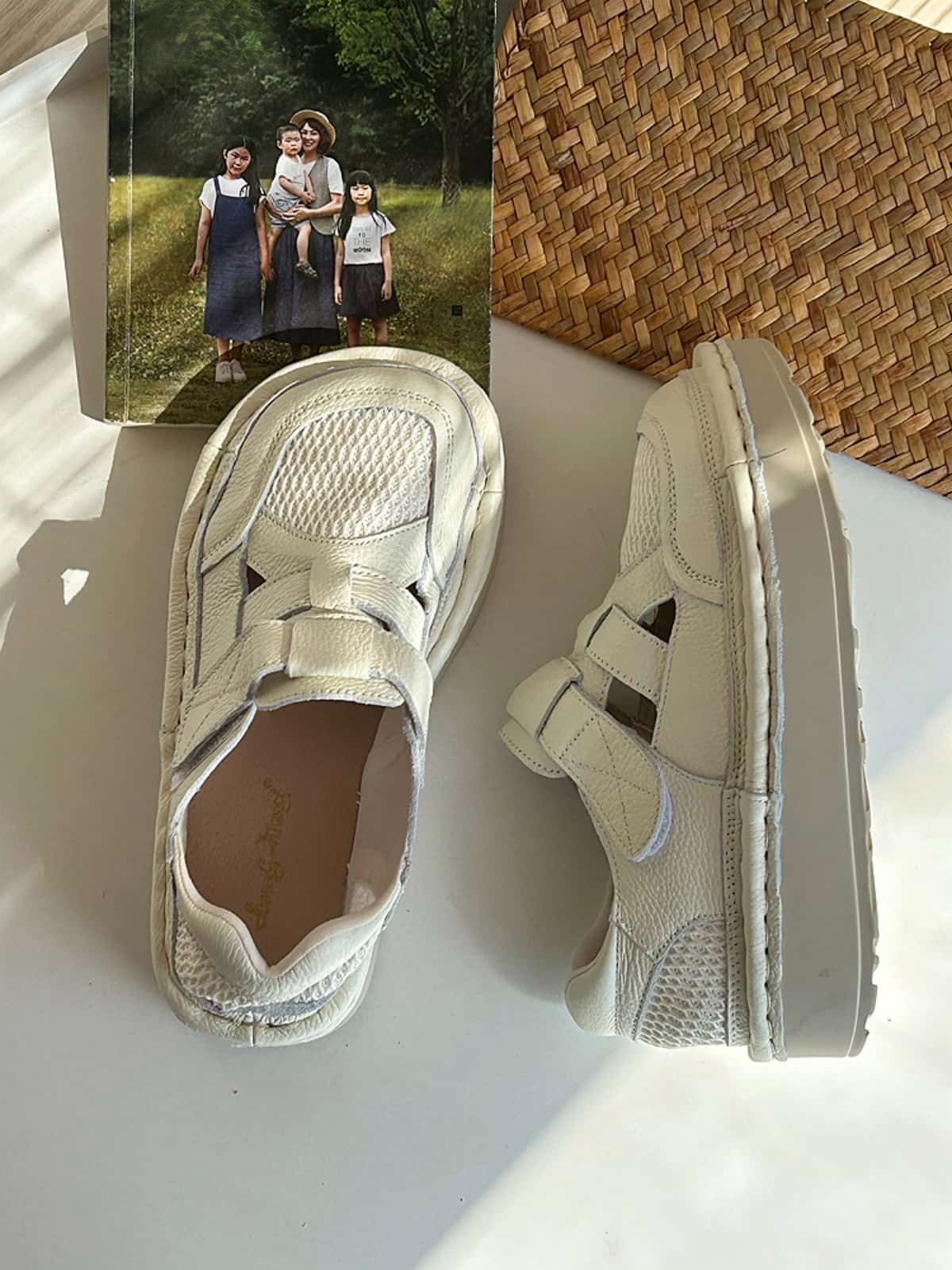 Handmade cowhide little white shoes women's platform muffin shoes summer breathable mesh shoes college wind big head shoes sports shoes