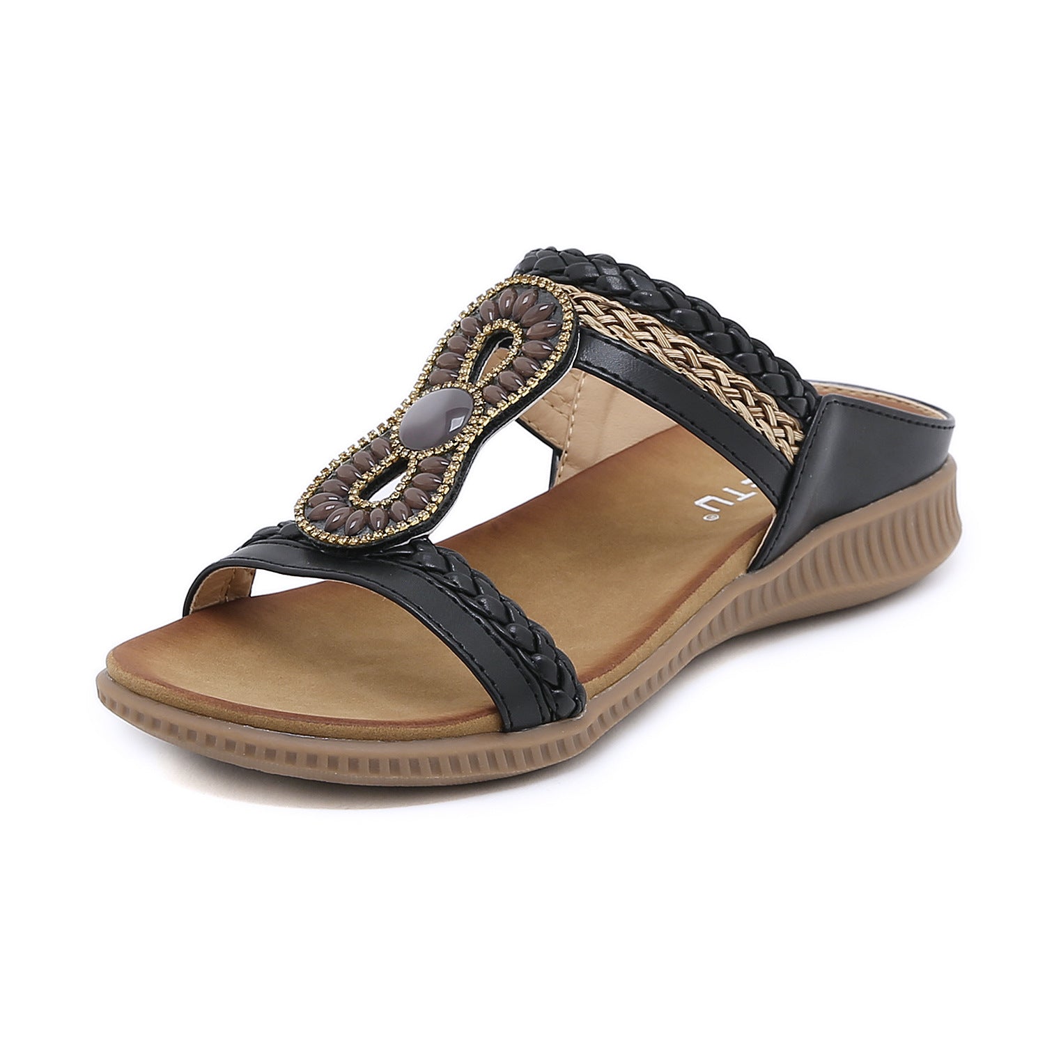 Sandals Bohemian Rhinestone Comfortable round Toe Seaside Holiday Large Size Shoes | Flat Sandals