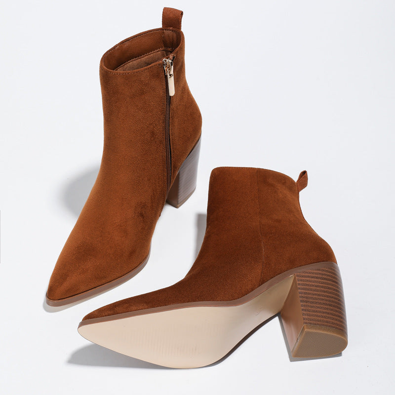 Chunky Heel Martin Boots Women's Slimming Autumn and Winter Suede Side Zipper Thin Short Women's Shoes