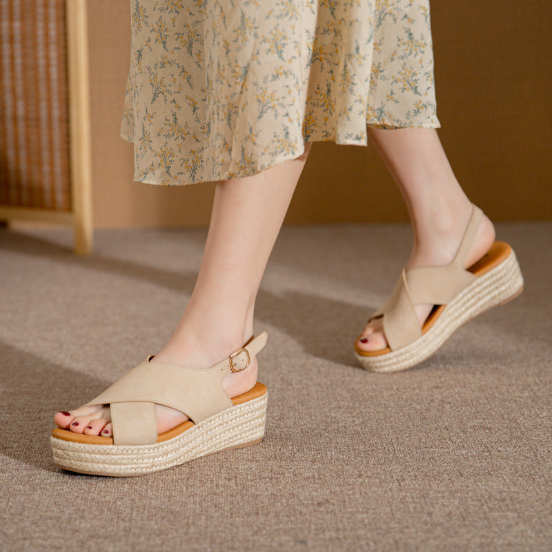 ALM3035-3 Cross-Strap Peep Toe Wedge Woven Hemp Rope Platform Comfortable Muffin Sandals for Women