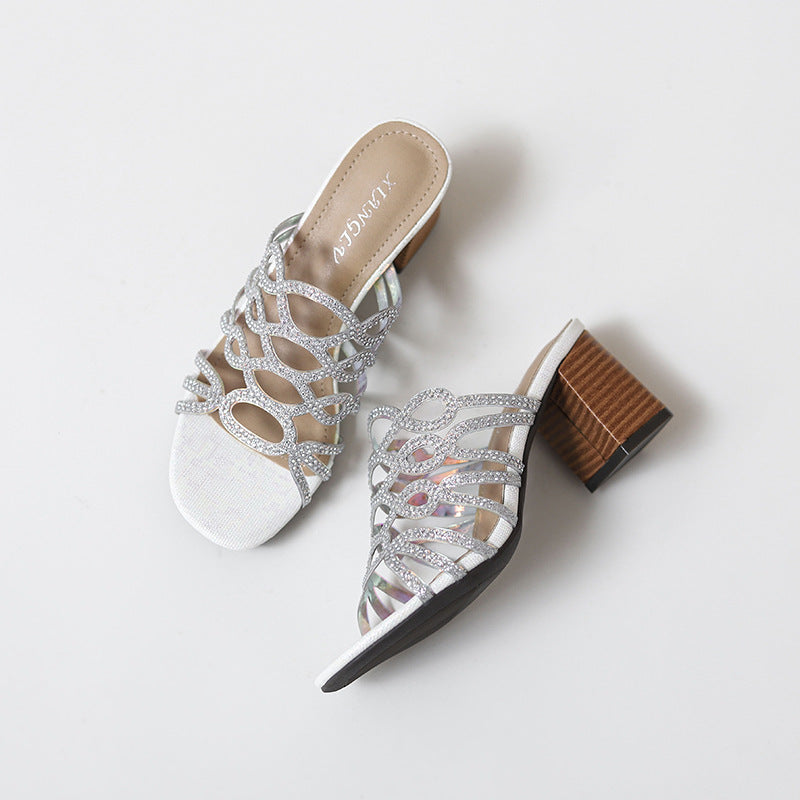 Heel Sandals Women Leisure Rhinestone Chunky Heel Roman Shoes Women