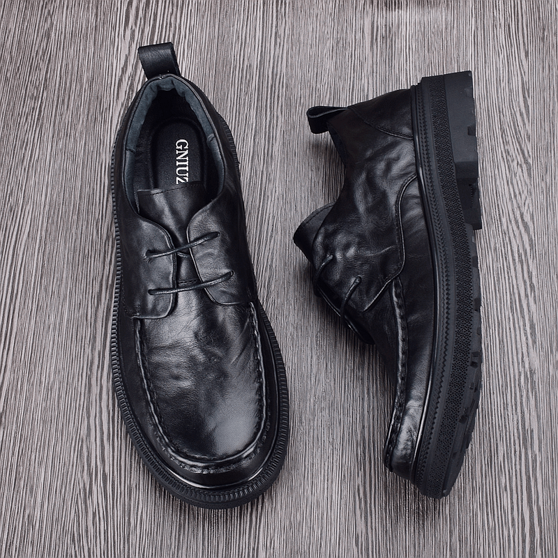 Men's casual leather shoes round head versatile breathable leather thick sole youth trend business casual shoes men's large size