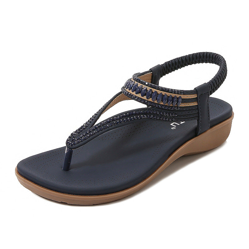 New Sandals Women's Elastic Band Beaded Soft Breathable Lightweight Comfortable Large Size Wedge Women's Shoes