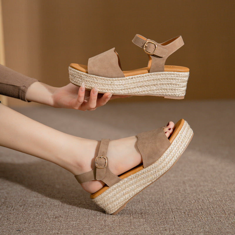 ALM3035-2 Fashion Straw Woven Platform Open Toe Non-Slip Wedge Commuter Sandals for Women