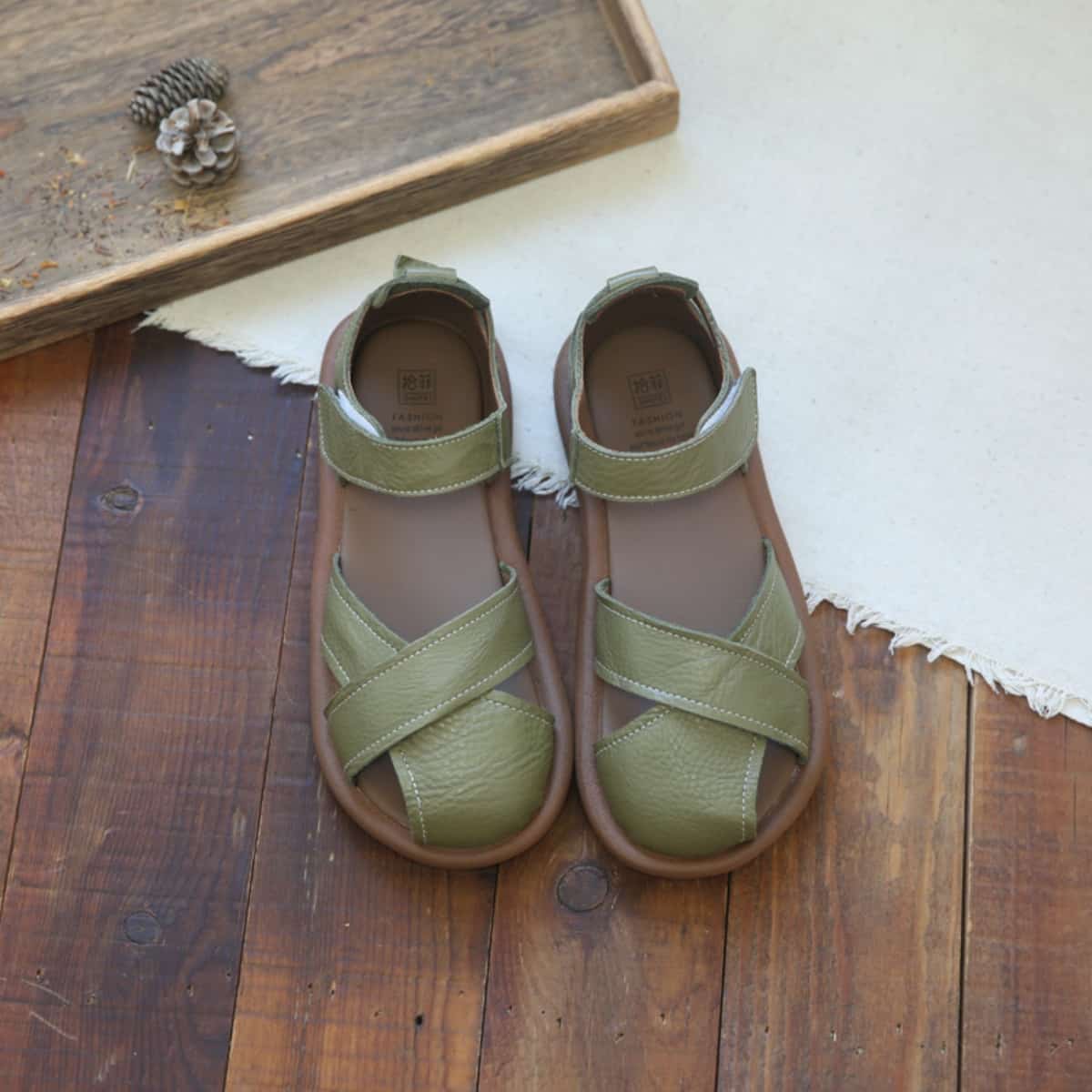 Leather hollow round head flats summer Velcro breathable soft-soled sandals