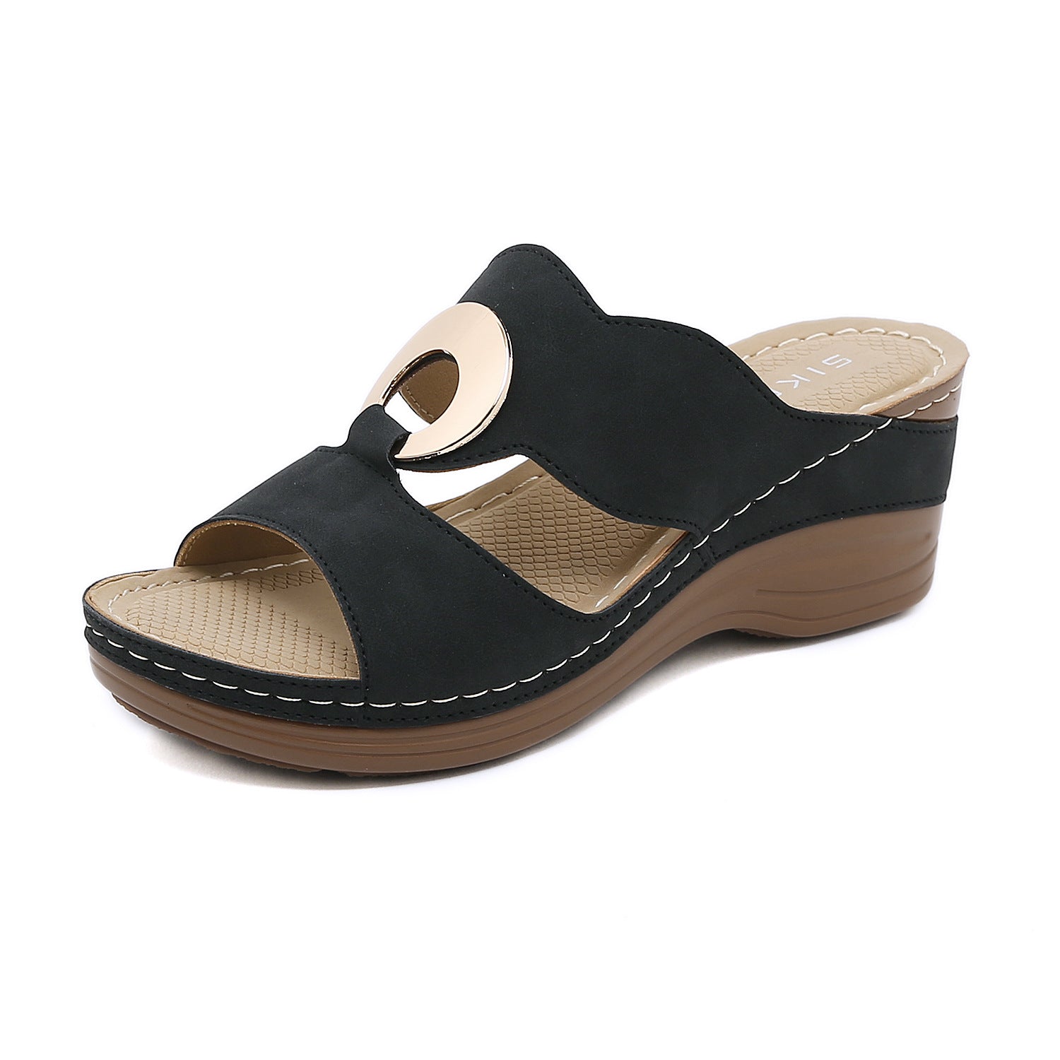 619-2 Women's Shoes Stitching Casual Wedge Metal Large Size Slippers Women