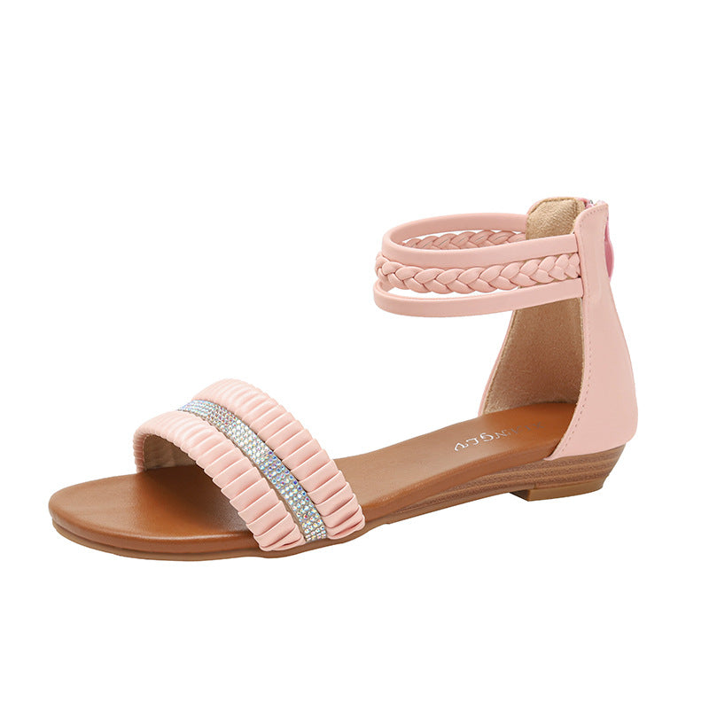 Women's Wedge Sandals round Toe Rhinestone Roman Sandals