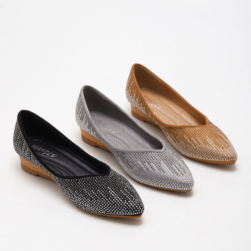 Wedge Shoes Spring and Autumn Low-Cut Rhinestone Inner Height Increase Gommino Non-Slip Mom Shoes