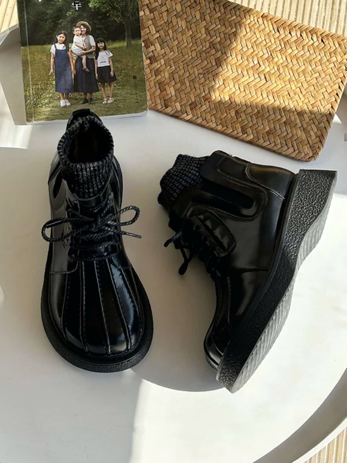 Round head lace-up thick-soled big head shoes autumn and winter wool mouth medium heel small leather shoes short boots