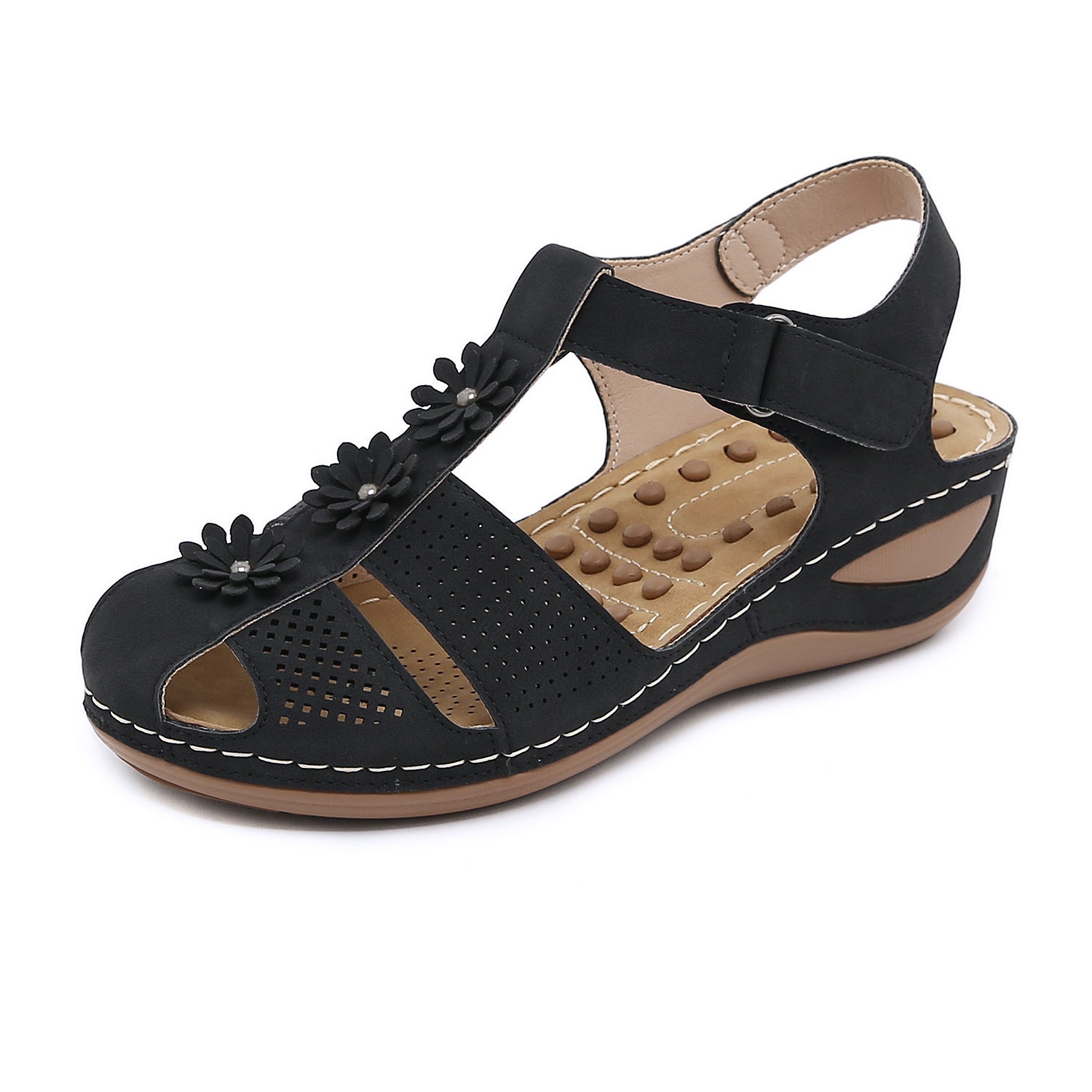 C801-1 Massage Grain Casual Women's Shoes Flower Solid Color All-Match Wedge Sandals