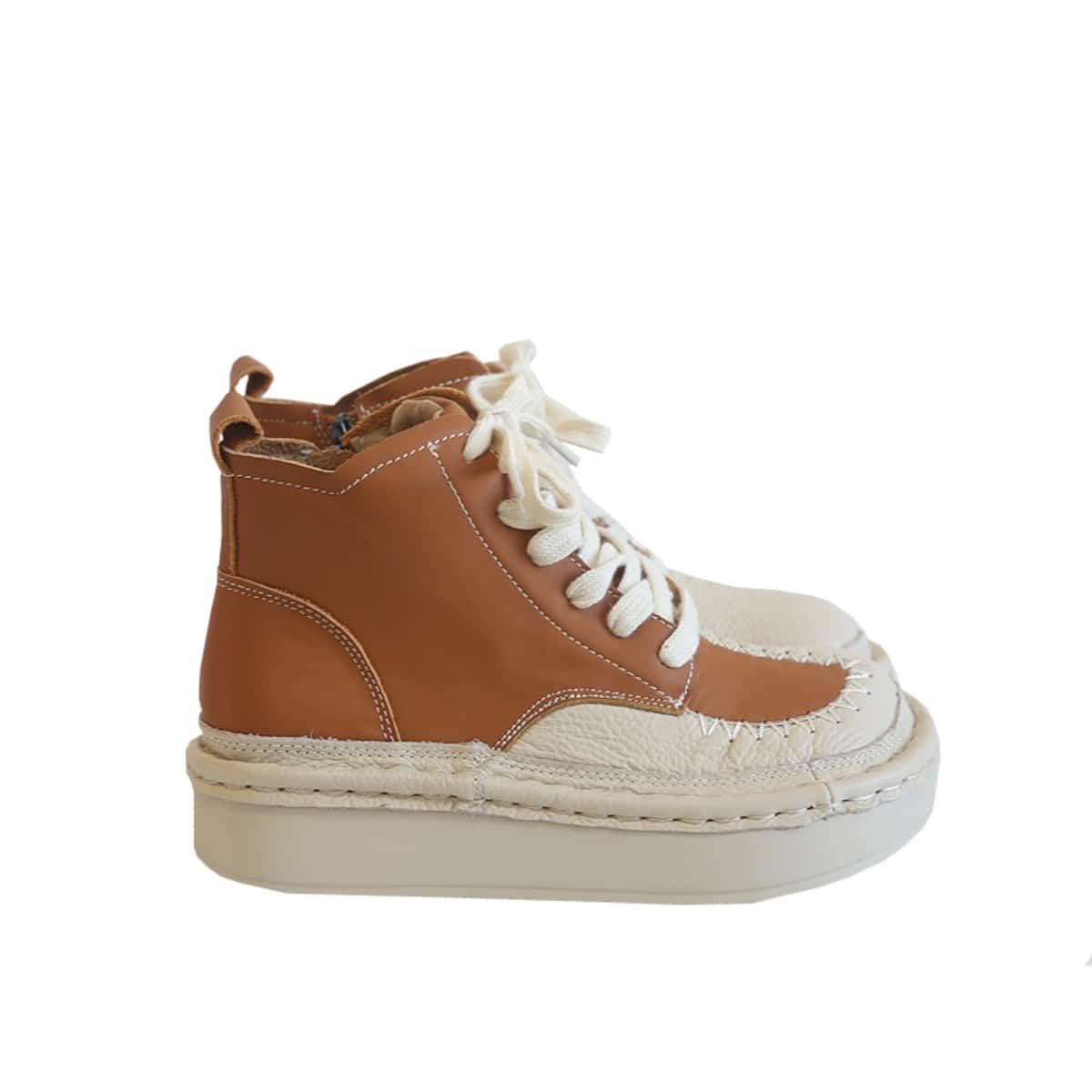 Leather color matching round head lace-up platform big head shoes personalized short boots women