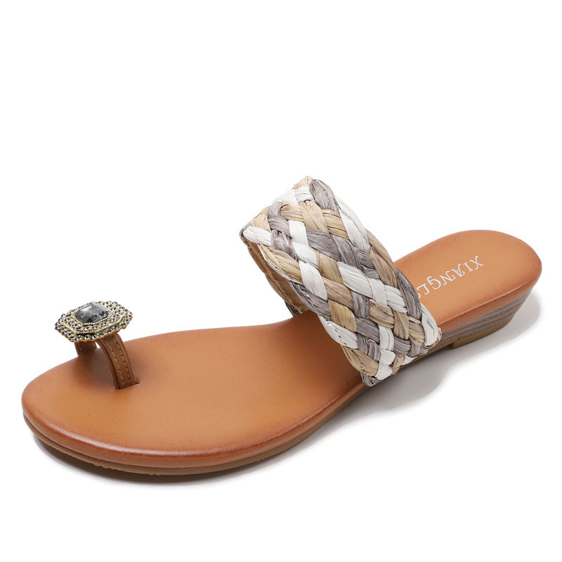 Toe outside Wedge Slippers Woven Bohemian Rhinestone Vacation Beach Shoes