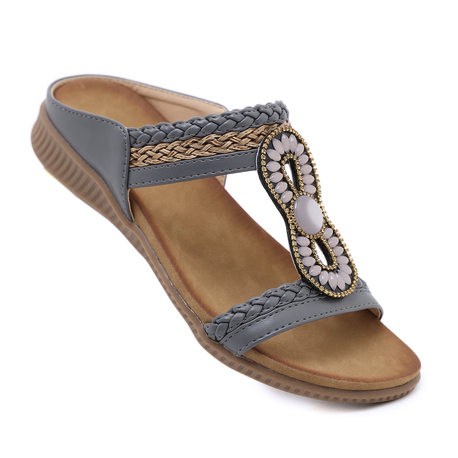 Sandals Bohemian Rhinestone Comfortable round Toe Seaside Holiday Large Size Shoes | Flat Sandals