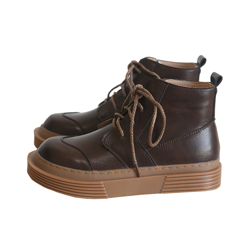 Glossy round head lace-up platform big head shoes new short boots Martin boots women