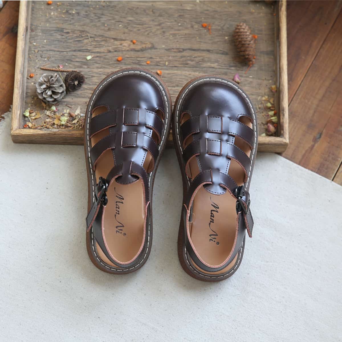 Leather hollow bag head platform big head shoes summer middle heel Roman sandals