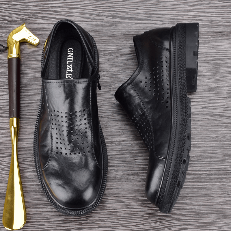 Breathable summer hollow men's casual leather shoes leather platform zipper youth versatile business shoes