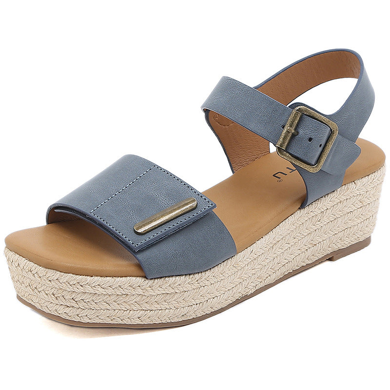 Women's Retro Peep Toe Comfortable Straw Muffin Wedge Large Size Sandals