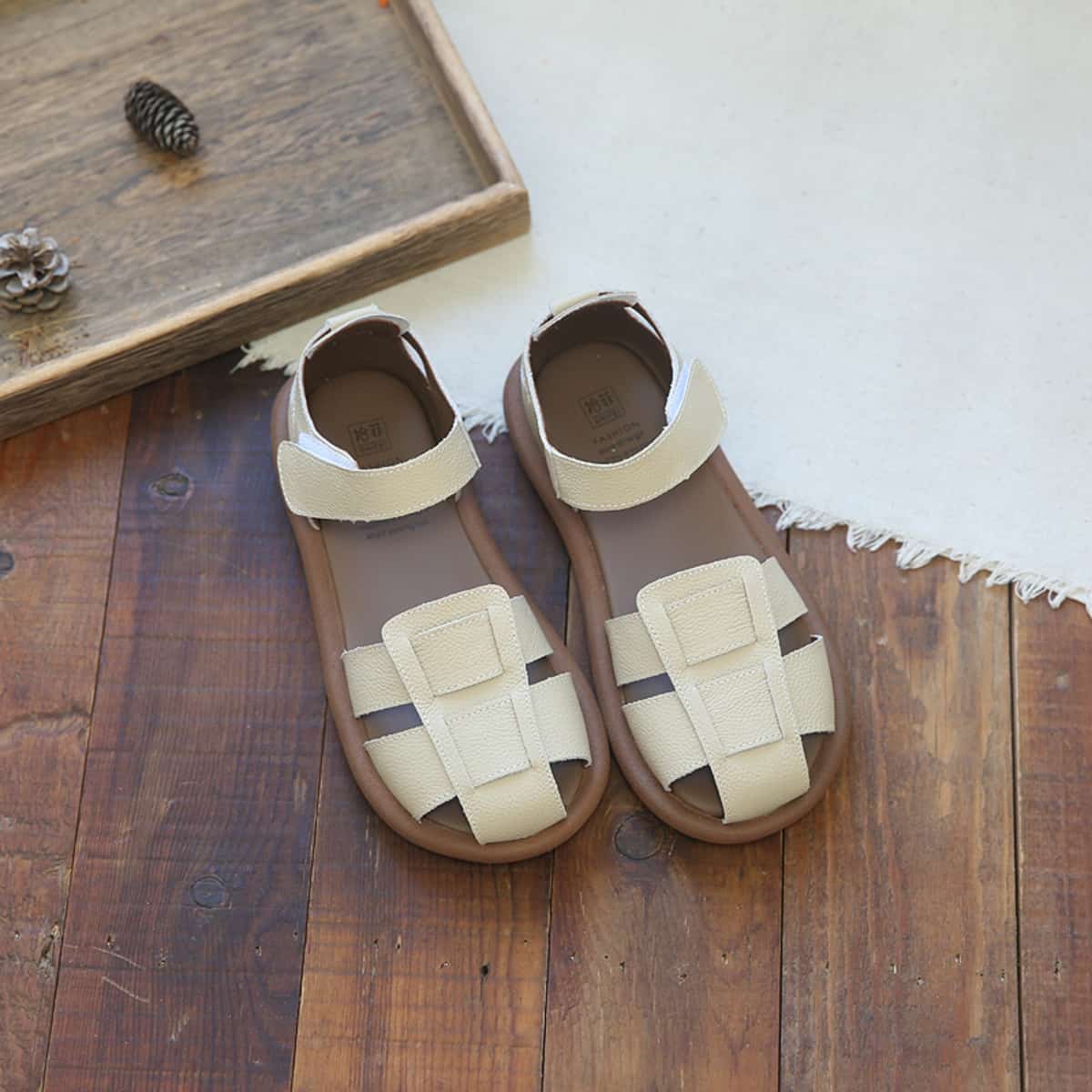 Leather Hollow Baotou Flat Shoes Summer Velcro Breathable Soft Sole Roman Sandals