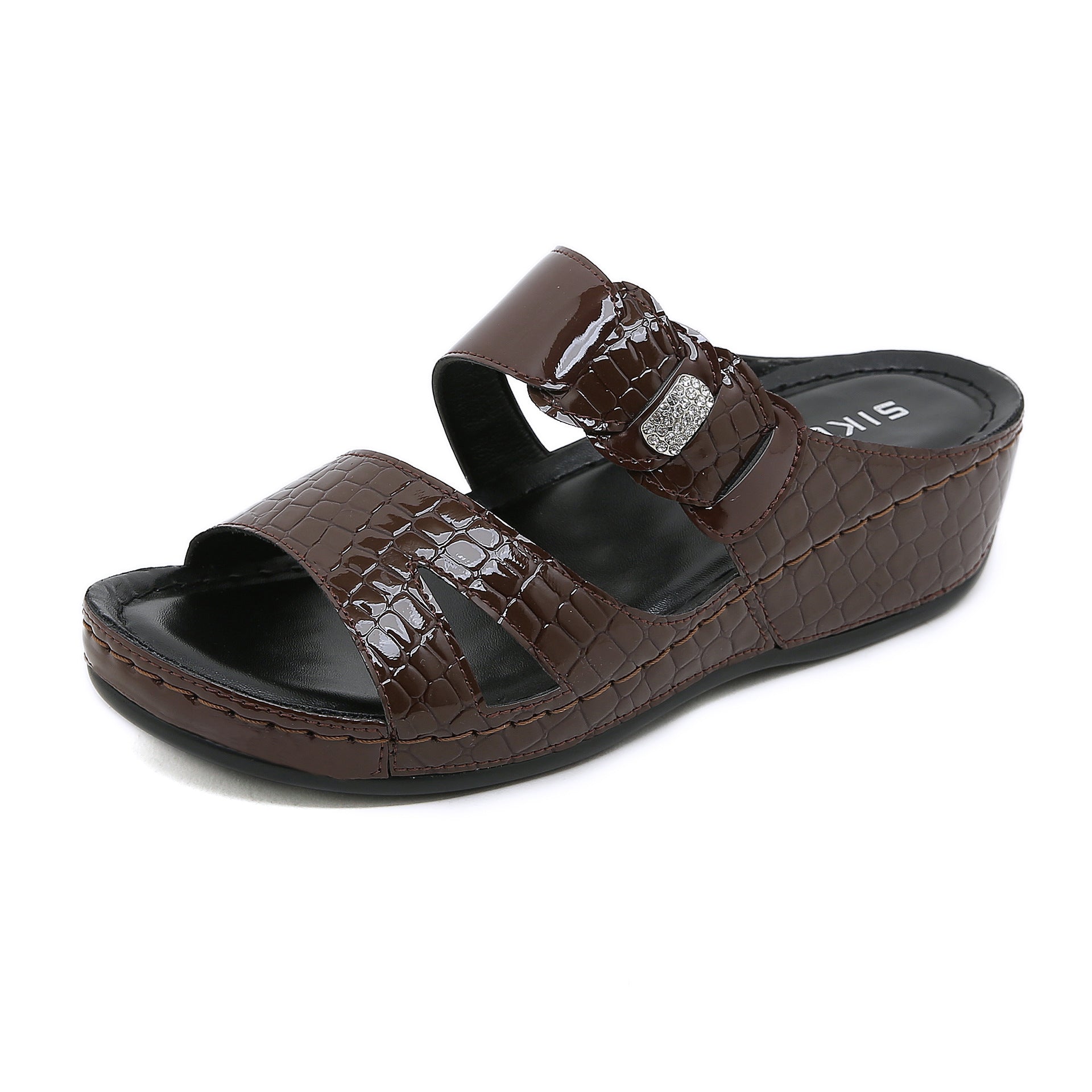Non-Slip Bottom Women's Shoes Stitching Wedge Ethnic Flower Large Size Slippers Women