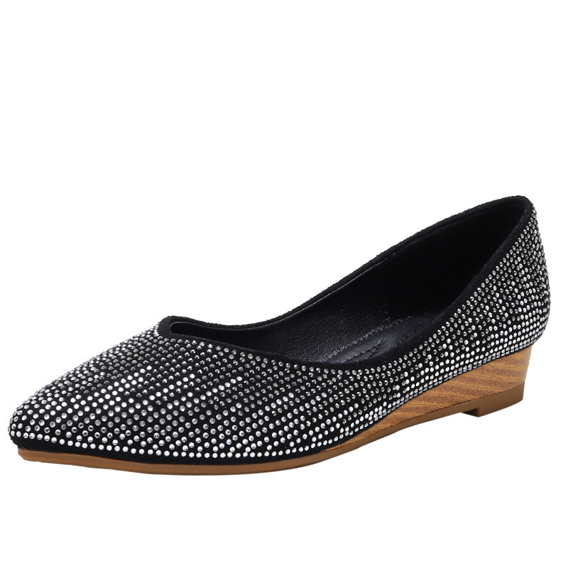 Wedge Shoes Spring and Autumn Low-Cut Rhinestone Inner Height Increase Gommino Non-Slip Mom Shoes