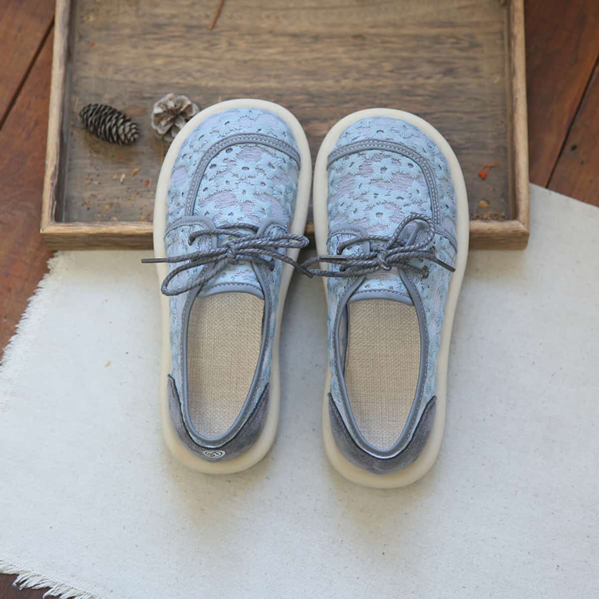 Daisy round head lace-up flats summer cotton and linen handmade soft-soled small mesh shoes single shoes