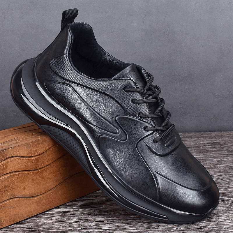 Leather thick-soled black breathable sneakers men's lace-up shock-absorbing air cushion bottom first-layer cowhide running shoes