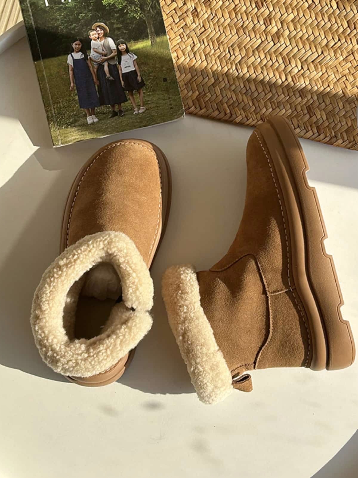 Leather imitation lamb wool round head thick-soled short boots winter warm snow boots