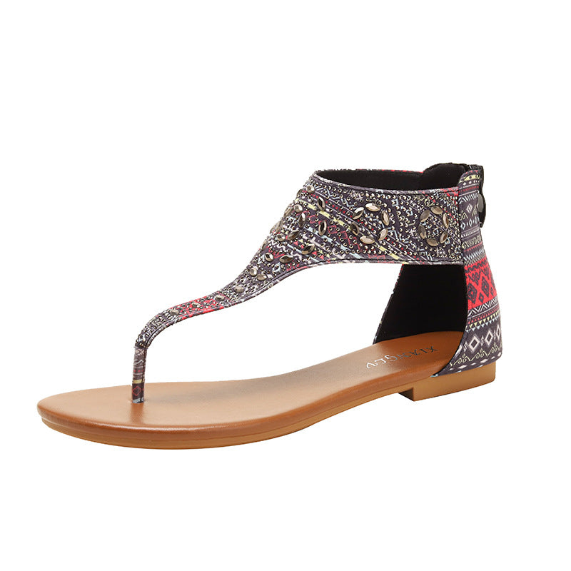 Ethnic Flat Sandals Flip-Flops Rhinestone Seaside Vacation Roman Beach Shoes