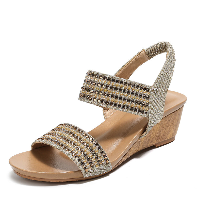 Fashion Heel Shoes Roman Shoes Rhinestone Elegant Heel Casual Wedge Sandals for Women