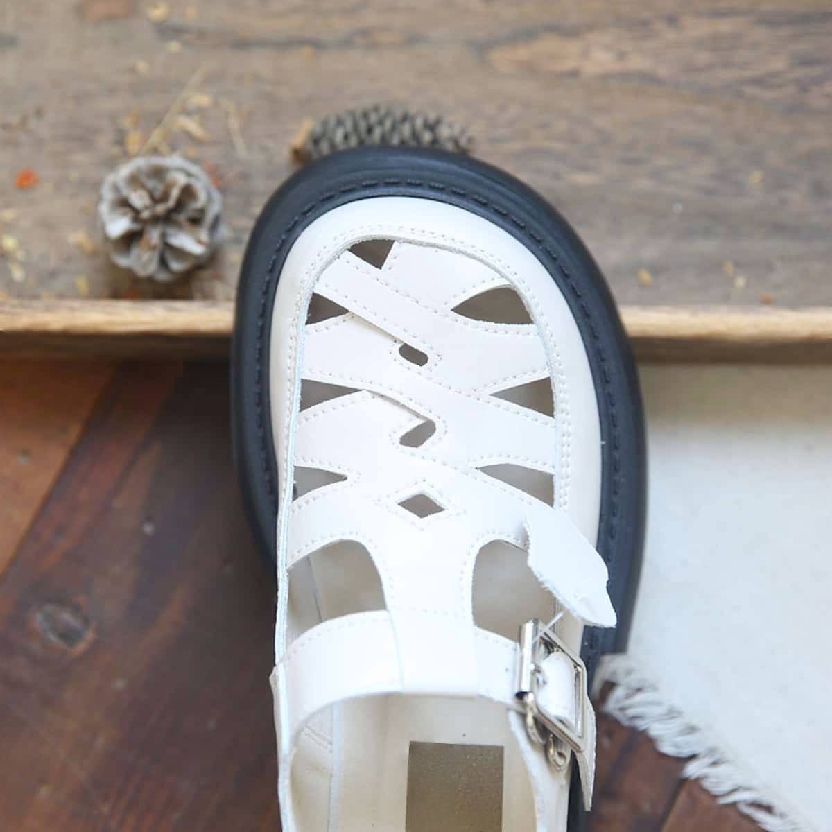 Leather hollow platform big head shoes summer fashion thick heel bag head Roman sandals