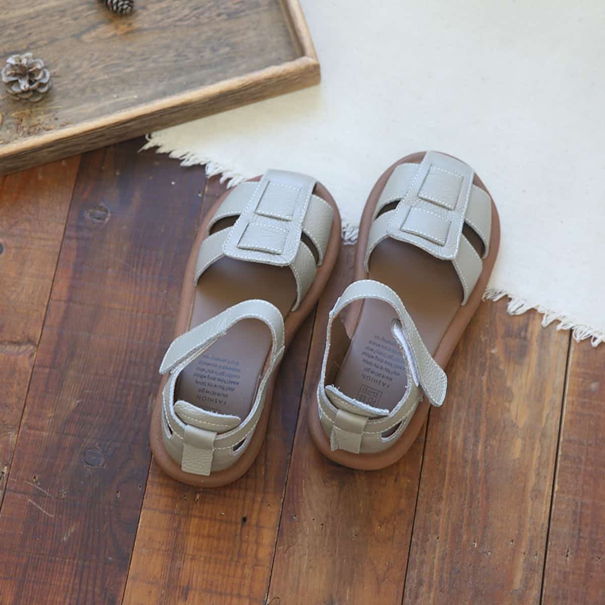 Leather Hollow Baotou Flat Shoes Summer Velcro Breathable Soft Sole Roman Sandals