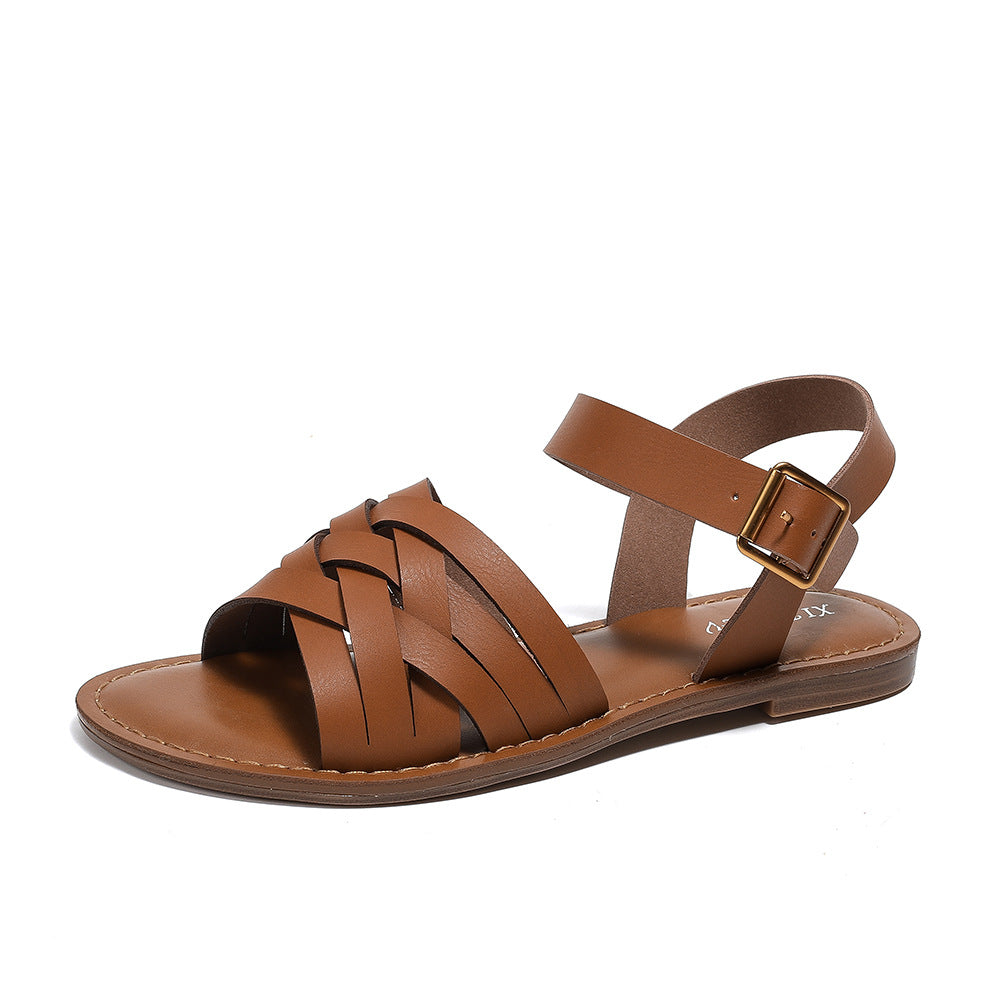 Flat Sandals Women's Simple Cross Strap Comfortable Flat Commuter Roman Beach Shoes