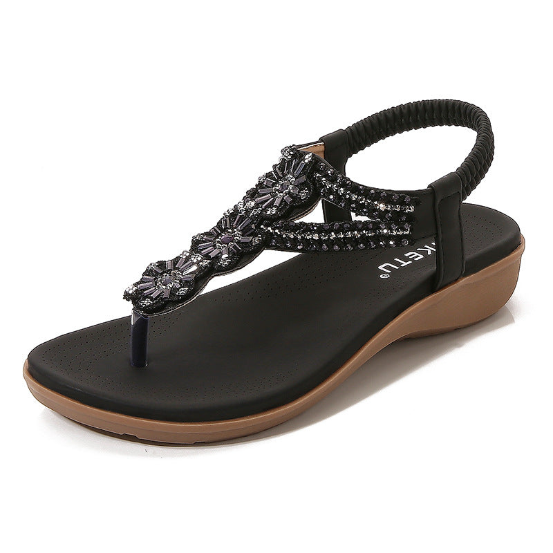 Vintage Rhinestone Beaded Soft and Comfortable Holiday Seaside Beach Wedge Sandals for Women