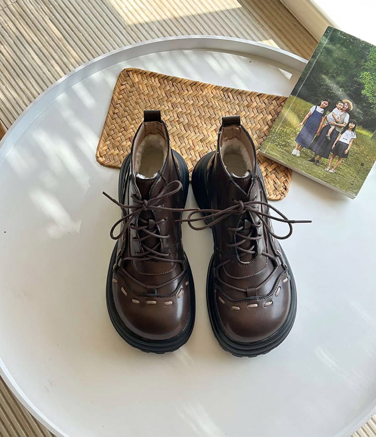 Round head lace-up thick-soled Martin boots autumn new thick heel heightening handsome locomotive boots short boots