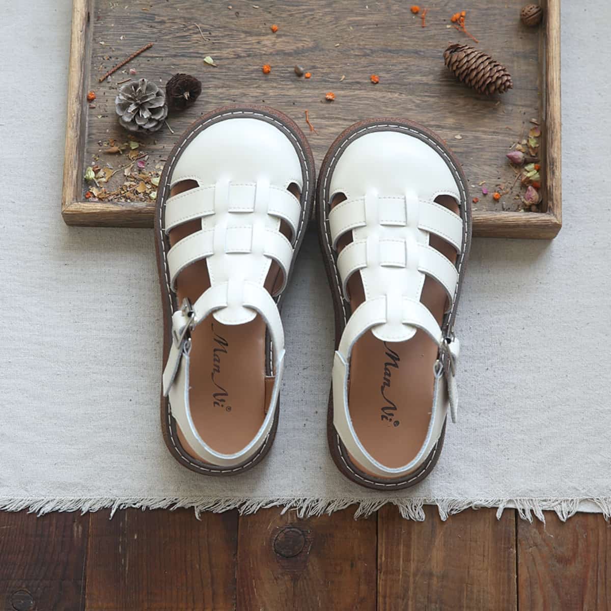 Leather hollow bag head platform big head shoes summer middle heel Roman sandals