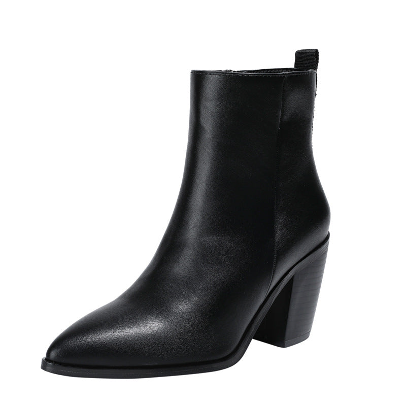Pointed Toe Chunky Heel Martin Boots Women's Autumn and Winter Heel Side Zipper White Women's Boots