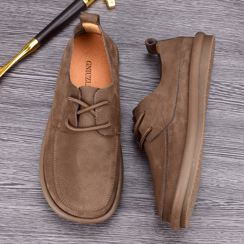 Summer leather single-layer cowhide men's leather shoes breathable fashion wide feet round head casual platform single shoes