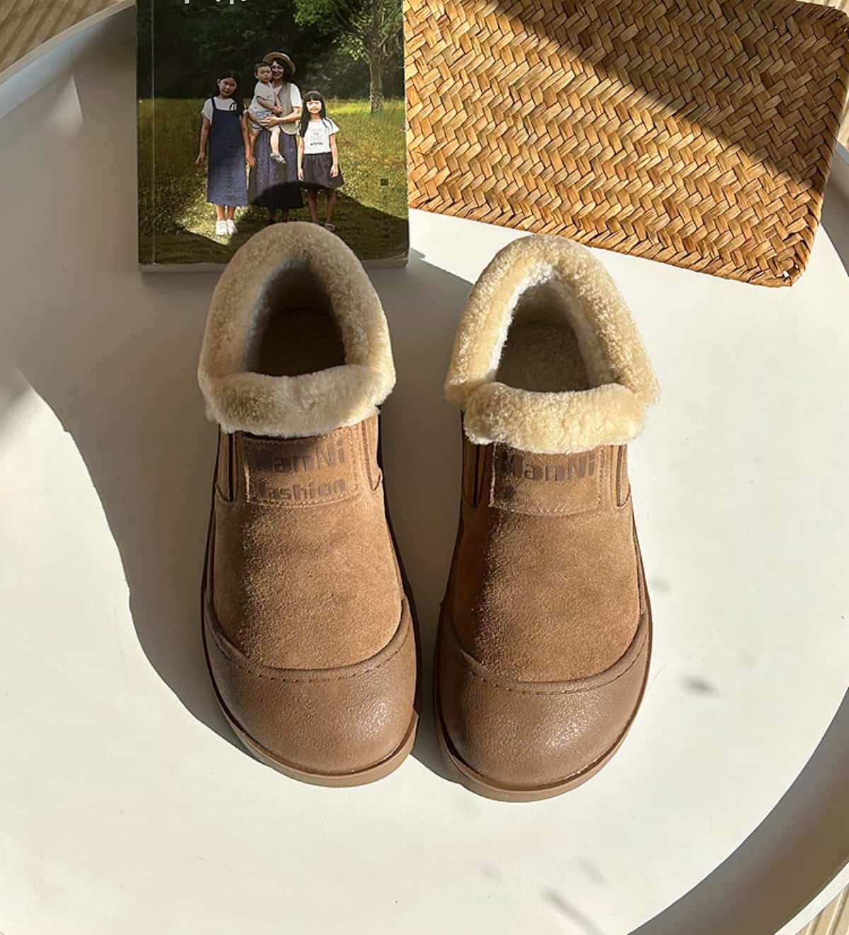 Imitation lamb wool round head thick-soled short boots winter leather warm snow boots