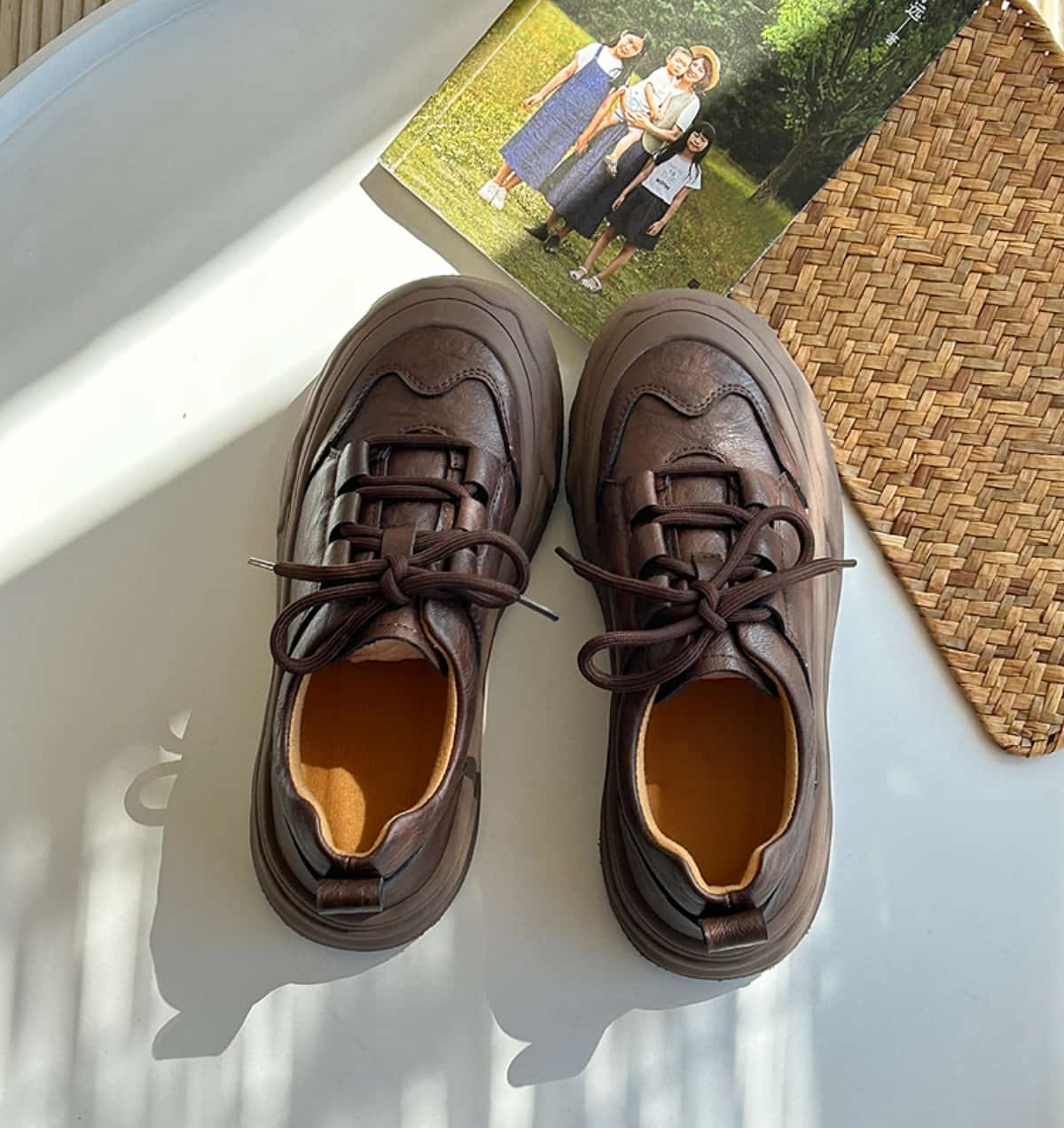Round head lace-up thick-soled small leather shoes medium heel soft sole trendy cool shoes single shoes women