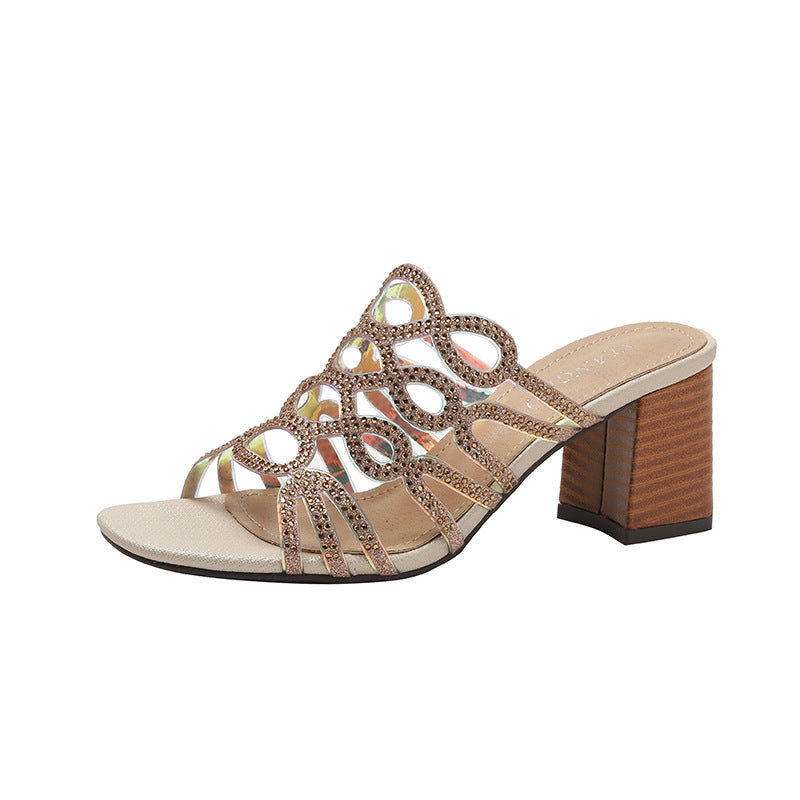 Heel Sandals Women Leisure Rhinestone Chunky Heel Roman Shoes Women