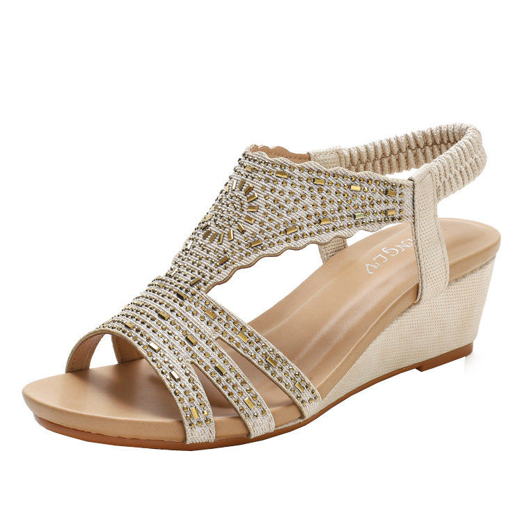Bohemia Large Size Shoes Women's Shoes Summer Rhinestone Ladies' Shoes Wedge